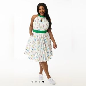 Unique Vintage White Whimsical Tennis Print Dress
